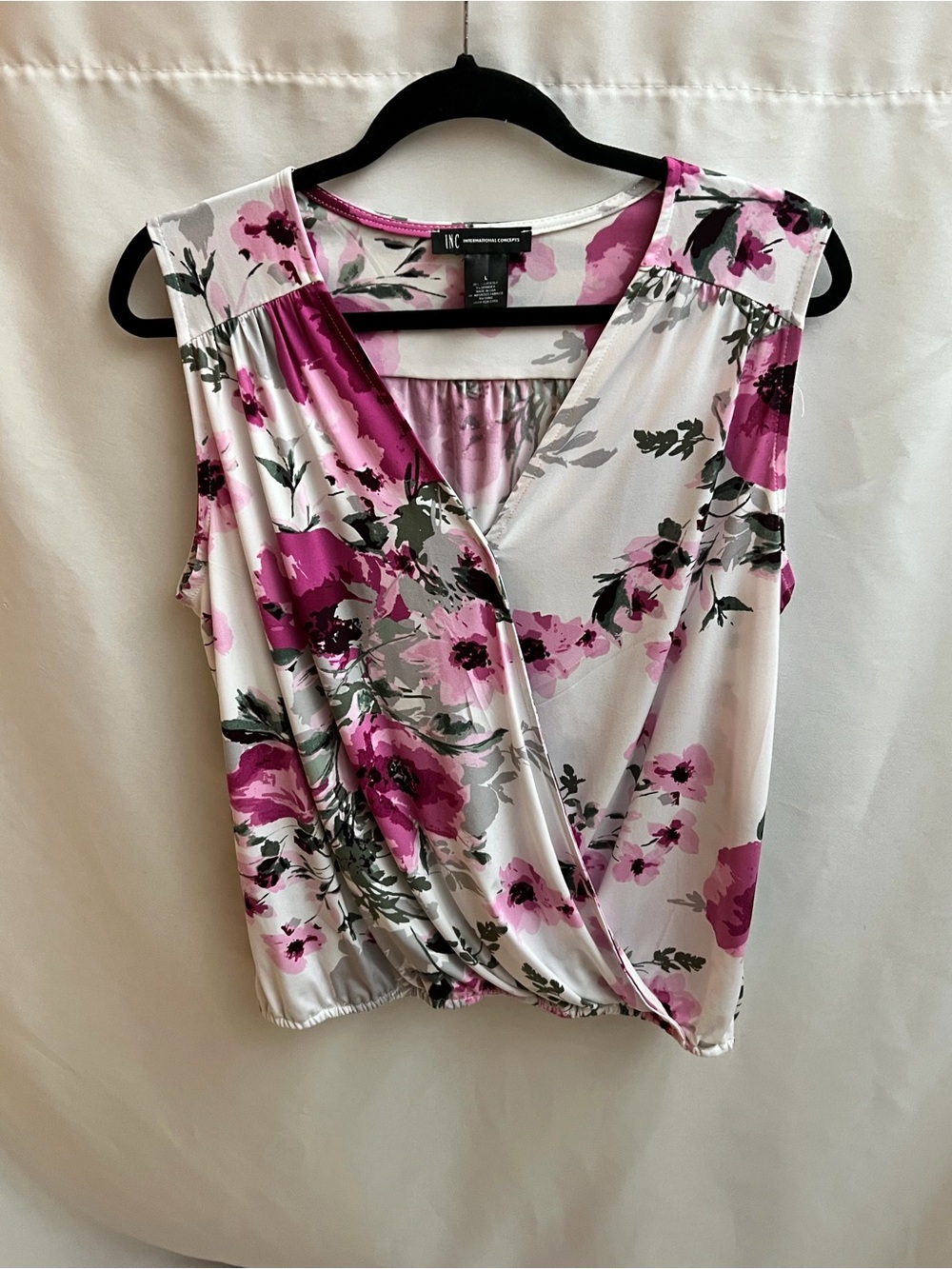 INC International Concepts Floral Sleeveless Wrap Top Large Pink White Blouse